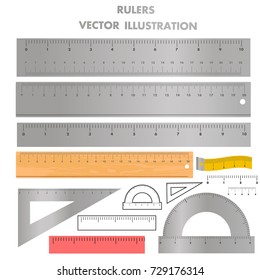 plastic, wooden and metal measuring rulers set. Triangle rulers, measuring rulers of different sizes and protractor. Collection of millimeter rulers in a scale of 1 to 1. Realistic vector illustration