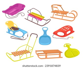 Plastic wooden snow sleigh and sledges equipment for winter fun entertainment vector illustration. Traditional kids transport for extreme speed sledding outdoors isolated on white background