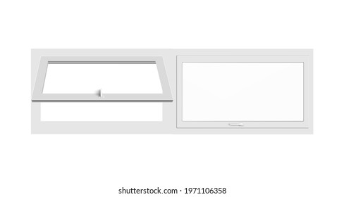 Plastic or wooden two-part window with white frame, adjustment handles and sash open up. Glass window for house or apartment. Vector isolated realistic 3D illustration.