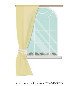 Plastic or wooden white window with a window sill, curtain, flowers outside. Vector illustration in a flat style.