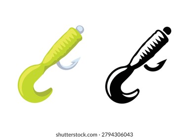 Plastic worm fishing bait with a hook, a modern fishing tackle for sport and hobby, white background.