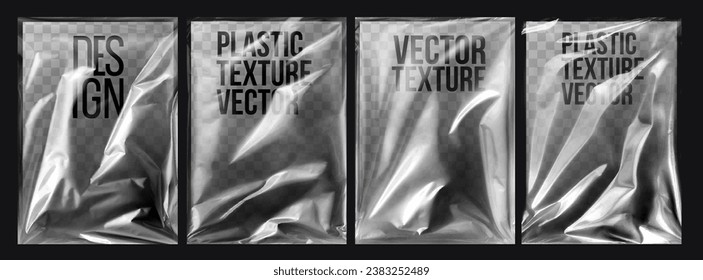 Plastic wrap texture collection, texture transparent stretched film polyethylene. vector design element graphic rumpled plastic warp, vector illustration.