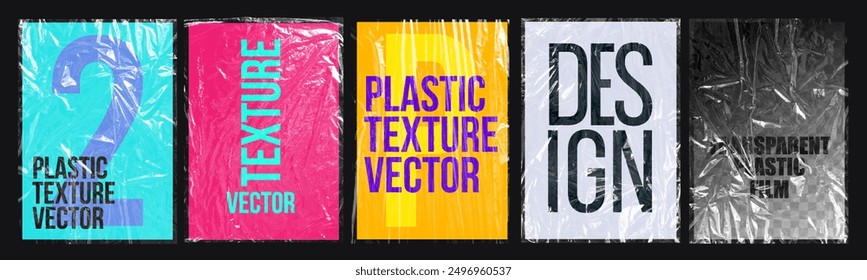 Colección de textura de envoltura de plástico, polietileno de película estirada transparente. elemento de diseño de Vector gráfico arrugado urdimbre de plástico. Ilustración de fondo de conjunto de Vector de póster de maqueta realista