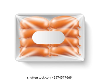 Plastic wrapped wieners. Tray for meat product. Vacuum container for sausages and salami. Lunch or dinner in package for supermarket. Realistic isolated element 3d. Vector food package concept