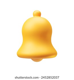 Plastic yellow hand bell icon 3d realistic on white. Golden bell for social media notice event reminder, website and app element three-dimensional rendering vector illustration