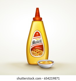 plastic yellow sauce bottle with label, isolated white background, 3d illustration