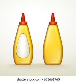 plastic yellow sauce bottles with blank label, isolated white background, 3d illustration