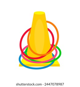 Plastic yellow sports cone with hoops for activity game. Throw rings game. Activity floor game.