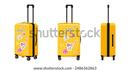 Plastic yellow suitcase with cute stickers in various views isolated on white background.
