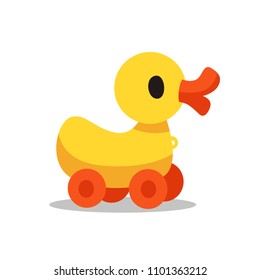 Plastic Yellow Toy Duck on Wheels. Cartoon Style Vector Illustration