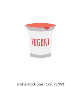 Plastic yogurt container with foil membrane lid, flat vector illustration isolated on white background. Dairy yogurt product packaging, healthy milk food.