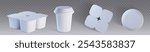 Plastic yogurt container mockup set. Sour cream package with lid top view isolate on transparent background. Circle pot for dairy dessert product with cover. Blank yougurt packaging mock up template