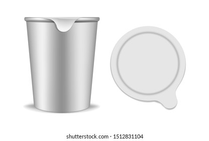 Plastic yogurt container with peel off lid, realistic vector mockup. Yoghurt packaging cup with foil cover, template. Food product blank white package, mock-up.