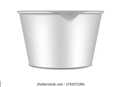 Plastic yogurt container with peel off lid, vector mockup. Yoghurt packaging cup with foil cover, template. Dairy product blank white package, mock-up.
