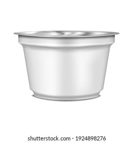 Plastic yogurt container with peel off lid, vector mock-up. Yoghurt, sour cream, cottage cheese, ice cream blank white package with foil cover, mockup. Template for design.