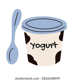 Plastic yogurt cup featuring black cow spot prints with a matching blue spoon isolated on a white background. Vector illustration for healthy breakfast, dairy packaging, and cafe dessert menu.