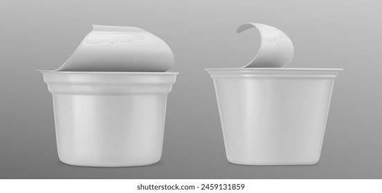 Plastic yogurt cup mockup. Realistic vector illustration set of white open package for cream products. Template of blank round container with foil cap for dairy dessert or cheese.