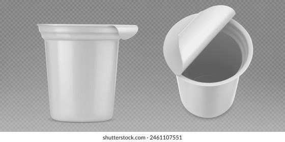 Plastic yogurt cup mockup. Realistic vector illustration set of white closed and open package for cream products. Template of blank round container with foil cap for dairy dessert or cheese.