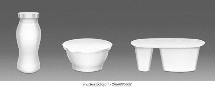 Taza de yogur de plástico de maquillaje. Paquete de olla de crema blanca para yogur. Frasco en blanco 3d para la maqueta de la caja de postres. Envase redondo cerrado de la comida con la cubierta para el conjunto aislado de la leche dulce. Vaciar lata de aperitivos realista