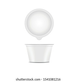 plastic yogurt or dessert cup with lid isolated on white background. Vector packaging mockup