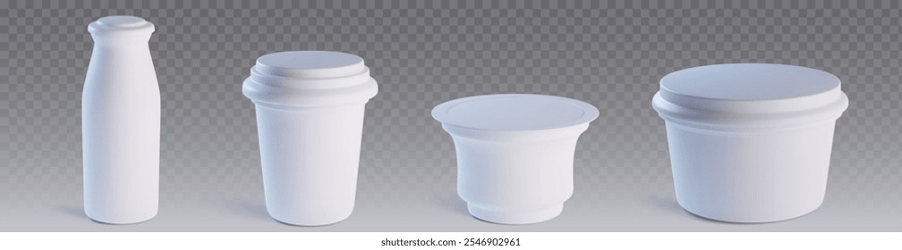 Conjunto de maqueta de paquete de yogur de plástico. Envase de comida con tapa para crema o yogur aislado sobre fondo transparente. Plantilla de botella de leche 3D. Embalaje de queso agrio realista puede. Postre de yogur