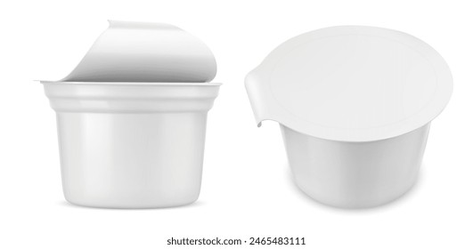 Plastic yogurt package with open cup 3d mockup. Realistic milk cream pot container with lid. White blank greek yougurt or dessert tub isolated vector template. Closed dairy bucket packaging design