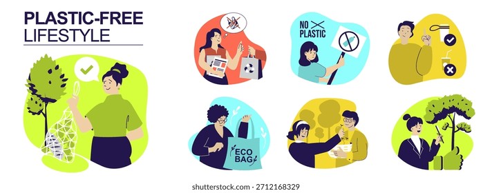 Concepto de estilo de vida libre de plástico para el Diseño web. Colección con personas que usan bolsas de compras, paquetes de papel, reutilizando tazas de café y pajitas sin plástico, cero residuos. Ilustración vectorial.