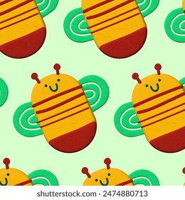Plasticine 3d background seamless pattern insects bee. Vector kids package, wrapping paper