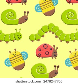 Plasticine 3d background seamless pattern insects. Vector kids package, wrapping paper