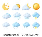 Plasticine 3d weather icons, render style sun, cumulus and snowflakes. Trendy fluffy bubbles clouds, wind symbol, raindrops. Pithy isolated vector set