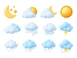 Plasticine 3d Weather Icons, Render Style Sun, Cumulus And Snowflakes. Trendy Fluffy Bubbles Clouds, Wind Symbol, Raindrops. Pithy Isolated Vector Set