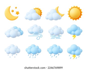 Iconos climáticos plasticinos 3d, sol de estilo renderizado, cúmulo y copos de nieve. Nubes de burbujas esponjosas, símbolo de viento, gotas de lluvia. Conjunto de vectores aislados piadosos
