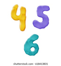 Plasticine 4, 5, 6 Numbers on White Background. Vector Quality Modeling Clay Texture