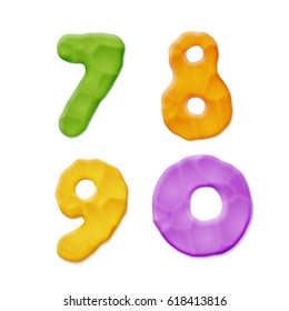 Plasticine 7, 8, 9, 0 Numbers on White Background. Vector Quality Modeling Clay Texture