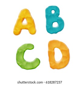 Plasticine A, B, C, D Letters on white background. Vector Quality Modeling Clay Texture.