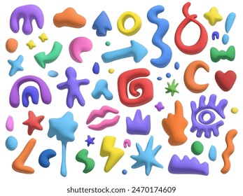 Plasticine abstract cute elements . Kid 3d forms 3D rendering of an abstract plastic shape. Graphic Minimalistic element. Vector collection isolated