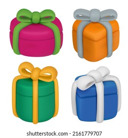 Plasticine boxes. Closed gift containers for wedding or party celebration colored ribbons decent vector realistic boxes templates
