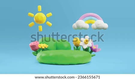 Plasticine composition with green lawn and flowers, sun and rainbow in clouds 3D style, vector illustration isolated on blue background. Decorative design element