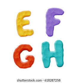 Plasticine E, F, G, H Letters on white background. Vector Quality Modeling Clay Texture.