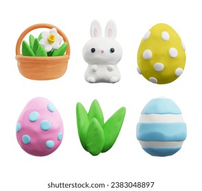 Huevos de plasticina, conejo, hierba y cesta con estilo 3D floral, ilustración vectorial aislada en fondo blanco. Conjunto de elementos de diseño decorativos de Pascua, objetos volumétricos bonitos