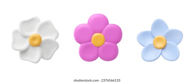 Flores plasticinas. Ilustración vectorial 3d. Maquinaria volumétrica floral simple. Rentabilidad de bud púrpura, azul y blanco. Bloom en material de arcilla. Elemento de primavera creativa y jardín de verano