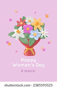 Plasticine flowers bouquet 3D render. Vector illustration in clay material. Happy women's day greeting card on pastel purple background with volumetric dots. Bunch of flowers in red package