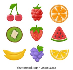 Plasticine fruits. Exotic plants healthy fresh products delicious foods strawberry orange cherry decent vector stylized illustration set