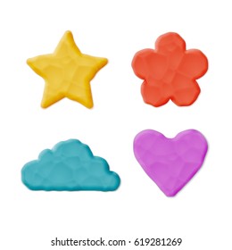 Plasticine Heart, Cloud, Flower, Star. Vector Quality Modeling Clay Texture .