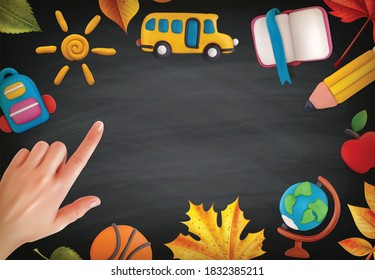 Plasticine modeling clay school composition with chalkboard background surrounded by autumn leaves hands and childish works vector illustration