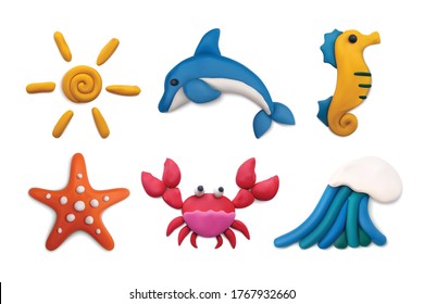 Modelación plasticina arcilla mar objetos de verano realista vista superior conjunto con sol de delfín cangrejo aislado ilustración vectorial 