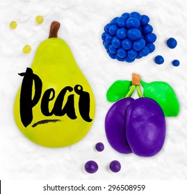 Plasticine modeling fruits, pear, plum, blackberry, cobbled together on a white background