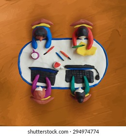 Plasticine modeling. Office workers business management meeting and brainstorming on the table in top view. Vector illustration.