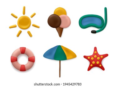 Plasticine modeling summer objects. Clay artwork sea or marine sun objects fishes palm tree kids sculpt education decent vector realistic collection