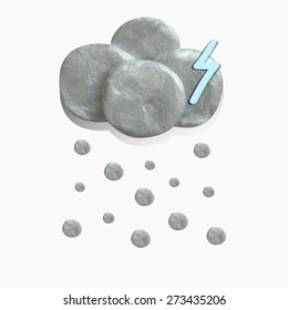 plasticine modeling vector illustration gray cloud with  abstract hail / snow or rain and lightning made from metallic silver plasticine, weather forecast symbol